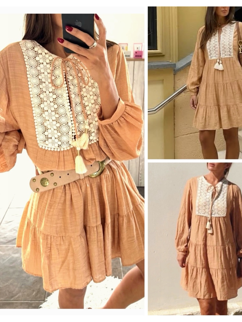 ZARA oversized embroidered bib dress with tassels